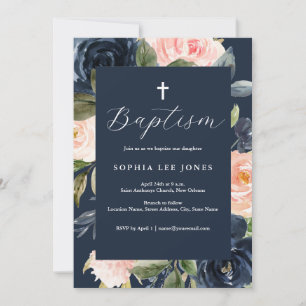 Aquarell Navy Pink Pfirsich Blumen Taufkleid Einladung