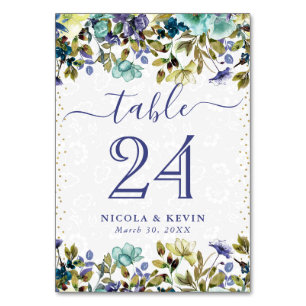 Aquarell-Navy- und Blaue Blumen-Hochzeit Tischnummer