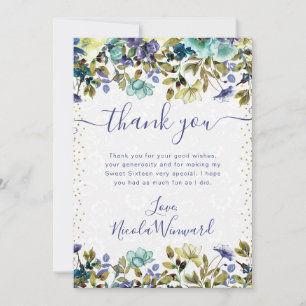 Aquarell Navy und Blaue Blumen Sweet 16 Dankeskarte