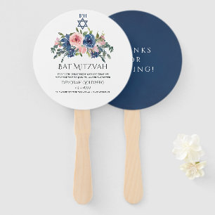 Aquarell Navy- und Blush-Blumen-Bat-Mizwa Fächer