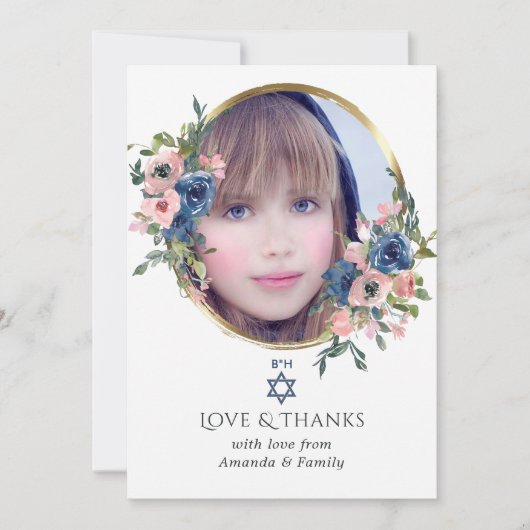 Aquarell Navy und Blush Floral Bat Mizwa Foto Dankeskarte (Vorderseite)