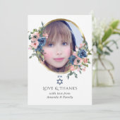 Aquarell Navy und Blush Floral Bat Mizwa Foto Dankeskarte (Stehend Vorderseite)