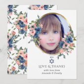 Aquarell Navy und Blush Floral Bat Mizwa Foto Dankeskarte (Vorne/Hinten)