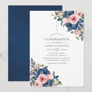 Aquarell Navy- und Rosafarbenes Florales Konfirmat Einladung