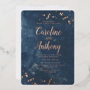Aquarell Navyblaue Sternen-Roségold-Hochzeit Folieneinladung