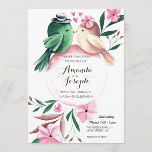 Aquarell Niedliche Vögel Blütenhochzeit Einladung