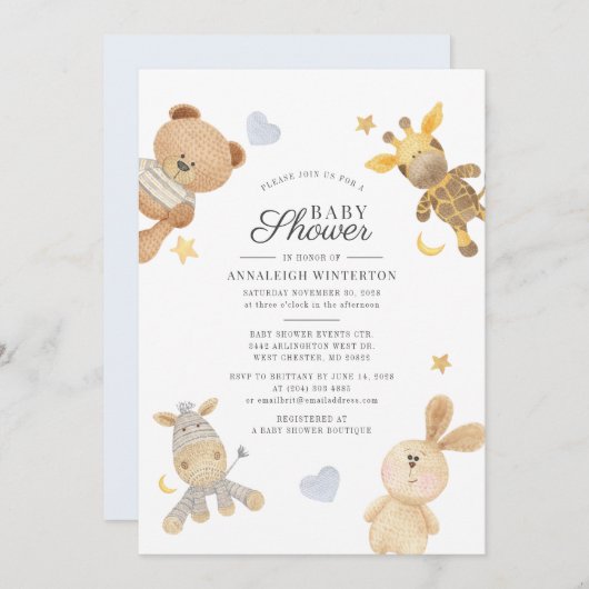 Aquarell-Niedlicher Tiere Moderne Babydusche Einladung (Vorne/Hinten)