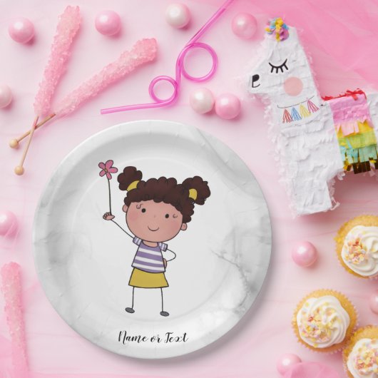 Aquarell Niedliches Strichfigur-Mädchen Rosa Blume Pappteller (Party)