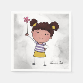 Aquarell Niedliches Strichfigur-Mädchen Rosa Blume Serviette