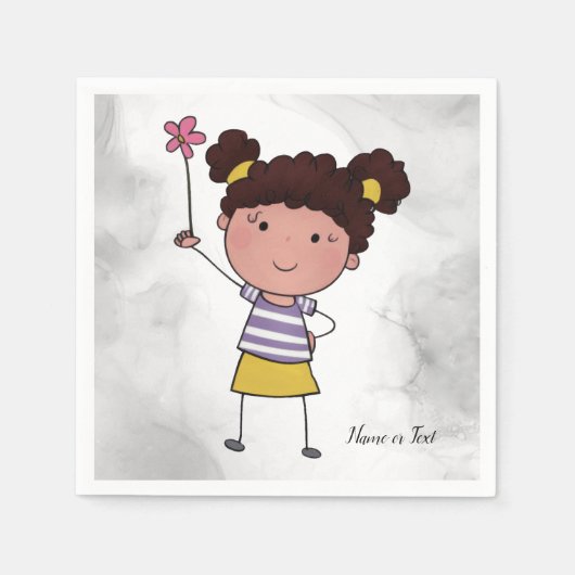 Aquarell Niedliches Strichfigur-Mädchen Rosa Blume Serviette (Vorderseite)