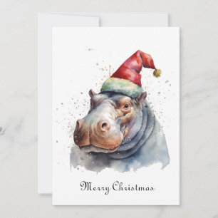 Aquarell-Nilpferd-Weihnachtsmannmütze-Weihnachtska Feiertagskarte