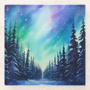 Aquarell Nordlichter aurora borealis  Glasuntersetzer