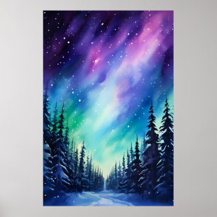 Aquarell Nordlichter aurora borealis  Poster