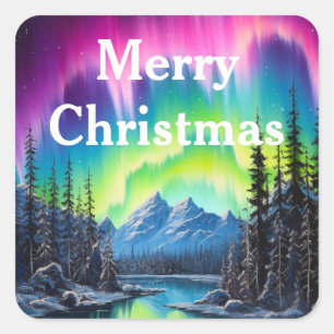 Aquarell Nordlichter aurora borealis  Quadratischer Aufkleber