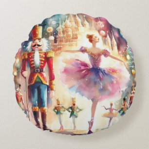 Aquarell-Nussknacker-Ballerina-Weihnachtstanz Rundes Kissen