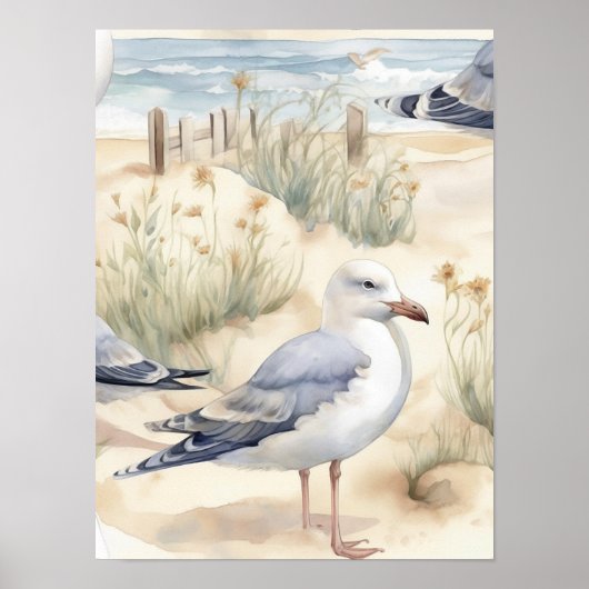 Aquarell Ocean Beach Seagull Poster (Vorne)