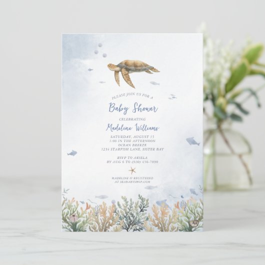 Aquarell Ocean Turtle Baby Dusche Einladung (Stehend Vorderseite)