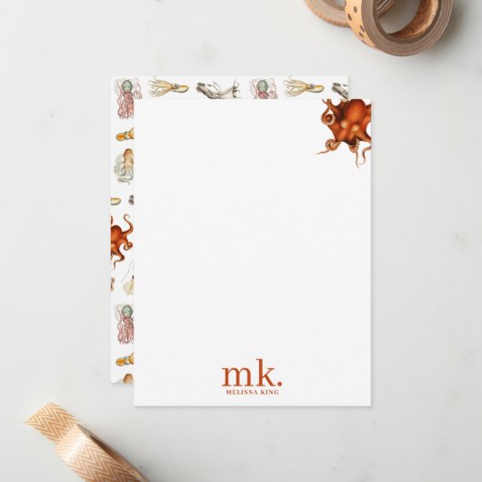 Aquarell Octopus Ocean Animes Muster Monogram Mitteilungskarte (Vorderseite/Rückseite Beispiel)