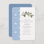 Aquarell Olive Blauer Kachel Mittelmeer Hochzeit Einladung (Vorne/Hinten)
