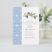 Aquarell Olive Blauer Kachel Mittelmeer Hochzeit Einladung (Stehend Vorderseite)