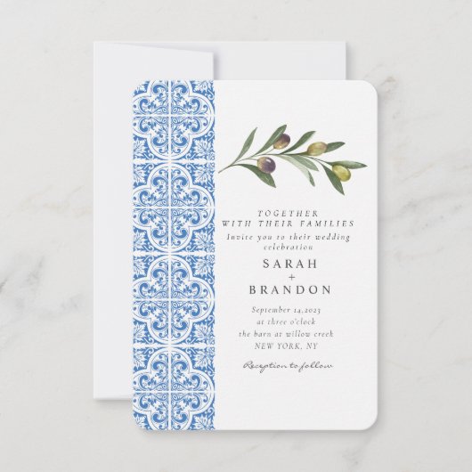 Aquarell Olive Blauer Kachel Mittelmeer Hochzeit Einladung (Vorderseite)