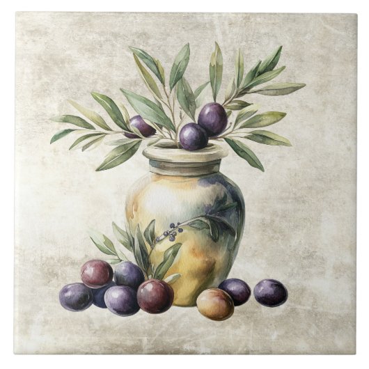 Aquarell-Oliven in Vasen-Faux-Textur  Fliese (Vorderseite)