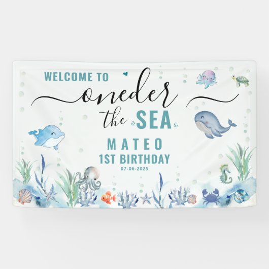 Aquarell One der Meer 1. Geburtstag Willkommen Banner (Horizontal)