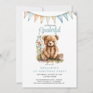 Aquarell Onederful Teddy Bear Boy 1. Geburtstag Einladung