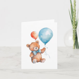 Aquarell Orange & Blaue Luftballons Brauner Teddyb Karte