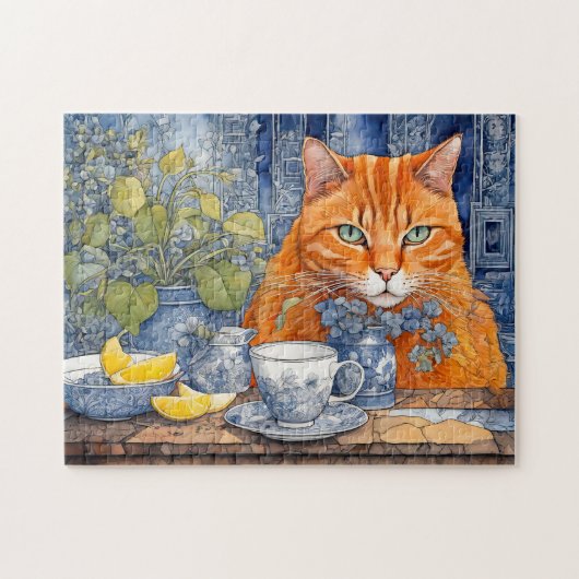 Aquarell Orange Katze mit Zitronentee Puzzle (Horizontal)