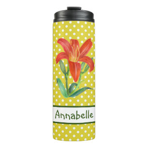 Aquarell Orange Lilie Zitronengrüne Tupfen Thermosbecher
