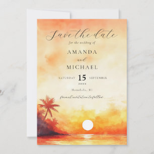 Aquarell Orange Sonnenuntergang Palm Beach Hochzei Save The Date