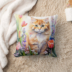 Aquarell Orange Tabby Katze im Blumengarten Kissen