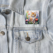 Aquarell Orange Tabby Kitty Cat Im Blumengarten Button (Beispiel)