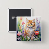 Aquarell Orange Tabby Kitty Cat Im Blumengarten Button (Vorne & Hinten)