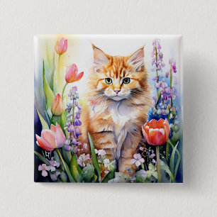 Aquarell Orange Tabby Kitty Cat Im Blumengarten Button