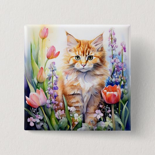 Aquarell Orange Tabby Kitty Cat Im Blumengarten Button (Vorderseite)