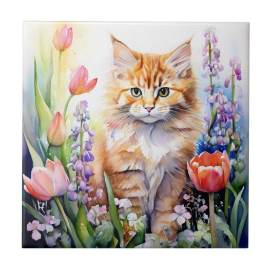 Aquarell Orange Tabby Kitty Cat Im Blumengarten Fliese (Vorderseite)
