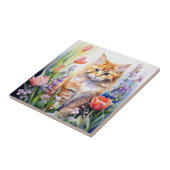 Aquarell Orange Tabby Kitty Cat Im Blumengarten Fliese (Seite)
