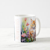 Aquarell Orange Tabby Kitty Cat Im Blumengarten Kaffeetasse (VorderseiteRechts)