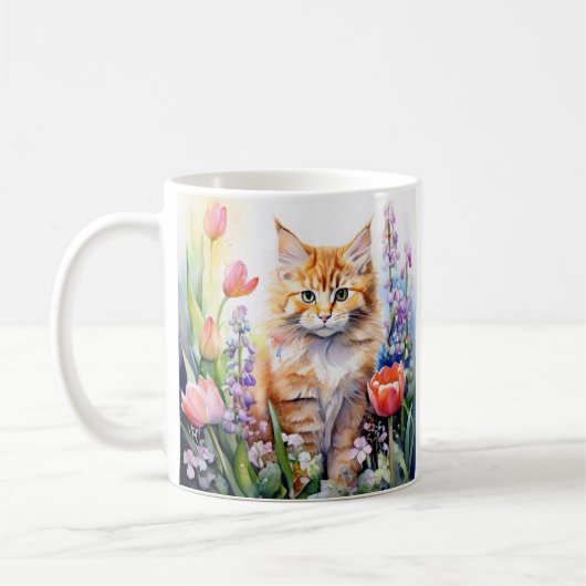 Aquarell Orange Tabby Kitty Cat Im Blumengarten Kaffeetasse (Links)