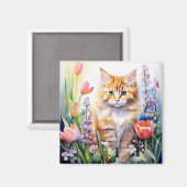 Aquarell Orange Tabby Kitty Cat Im Blumengarten Magnet (Vorderseite/Rückseite)