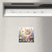 Aquarell Orange Tabby Kitty Cat Im Blumengarten Magnet (In Situ (Geschirrspüler))