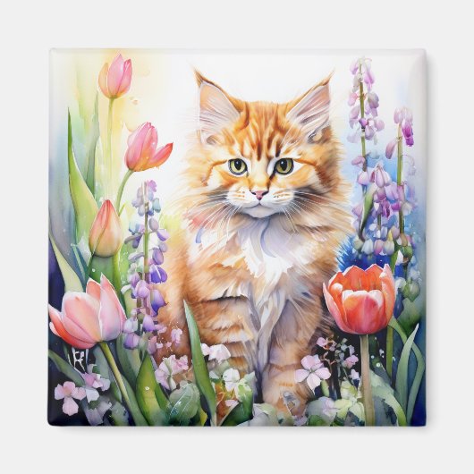 Aquarell Orange Tabby Kitty Cat Im Blumengarten Magnet (Vorne)