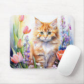 Aquarell Orange Tabby Kitty Cat Im Blumengarten Mousepad (Mit Mouse)
