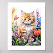 Aquarell Orange Tabby Kitty Cat Im Blumengarten Poster (Vorne)