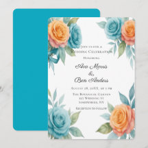 Aquarell Orange- und Tealrosen Hochzeit