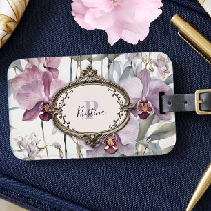 Aquarell-Orchidee Vintage-Bronze-Rahmen-Monogramm Gepäckanhänger