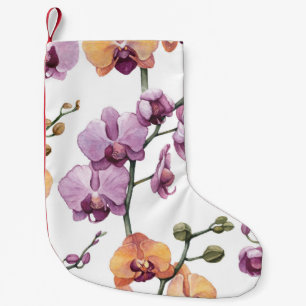 Aquarell-Orchideenblüten, nahtloses Muster. Kleiner Weihnachtsstrumpf