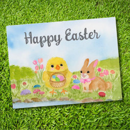Aquarell-Oster-Ei-Küken-Osterhase Postkarte